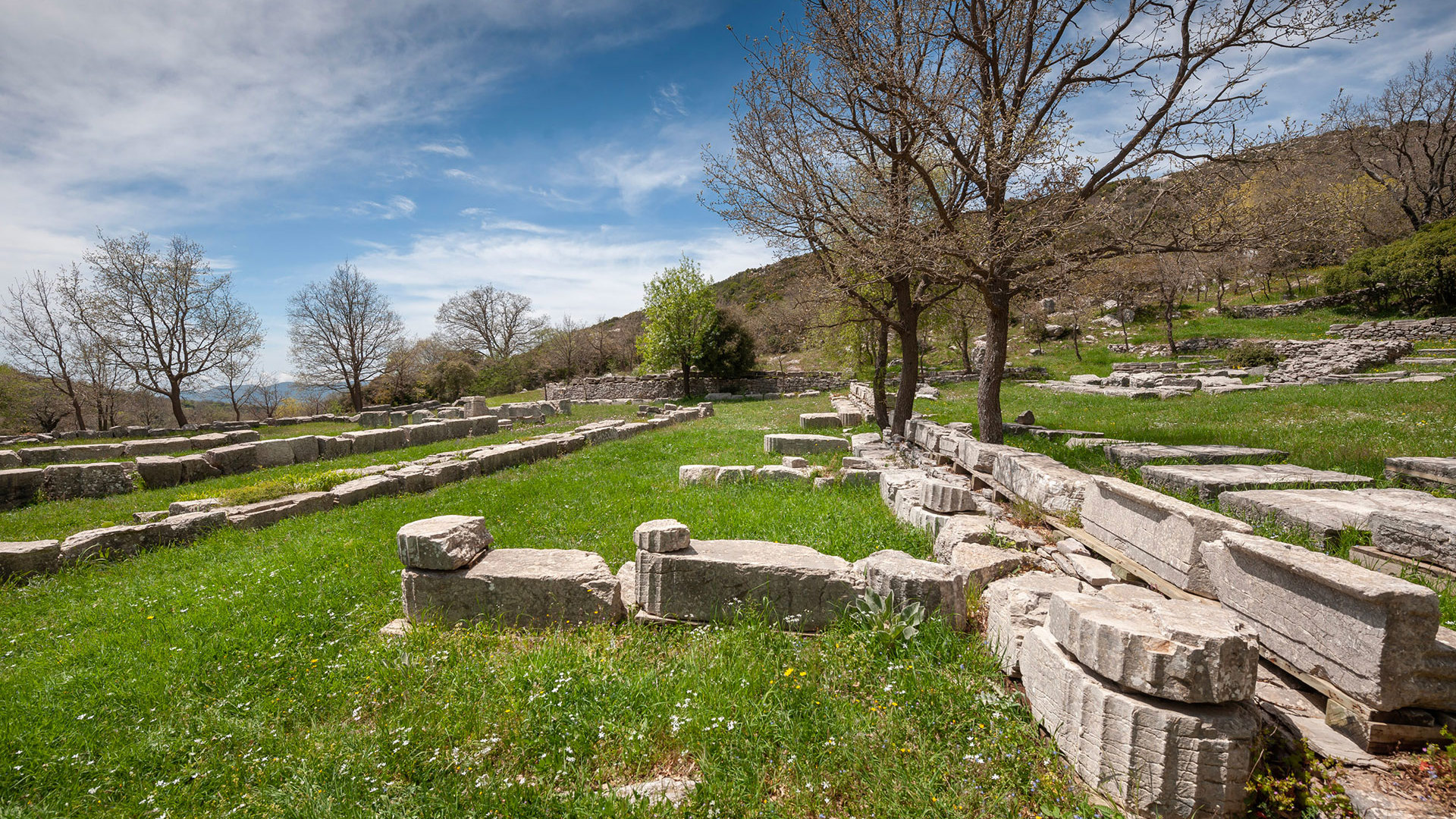 Ancient column drums and stone ruins on green grass at the archaeological site of Olympia, under a blue sky